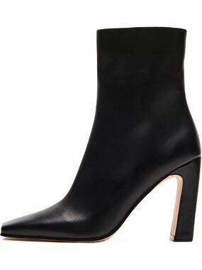 Women's Black Faux Leather Square Toe Chunky Zipper Fall Fashion Heeled Booties